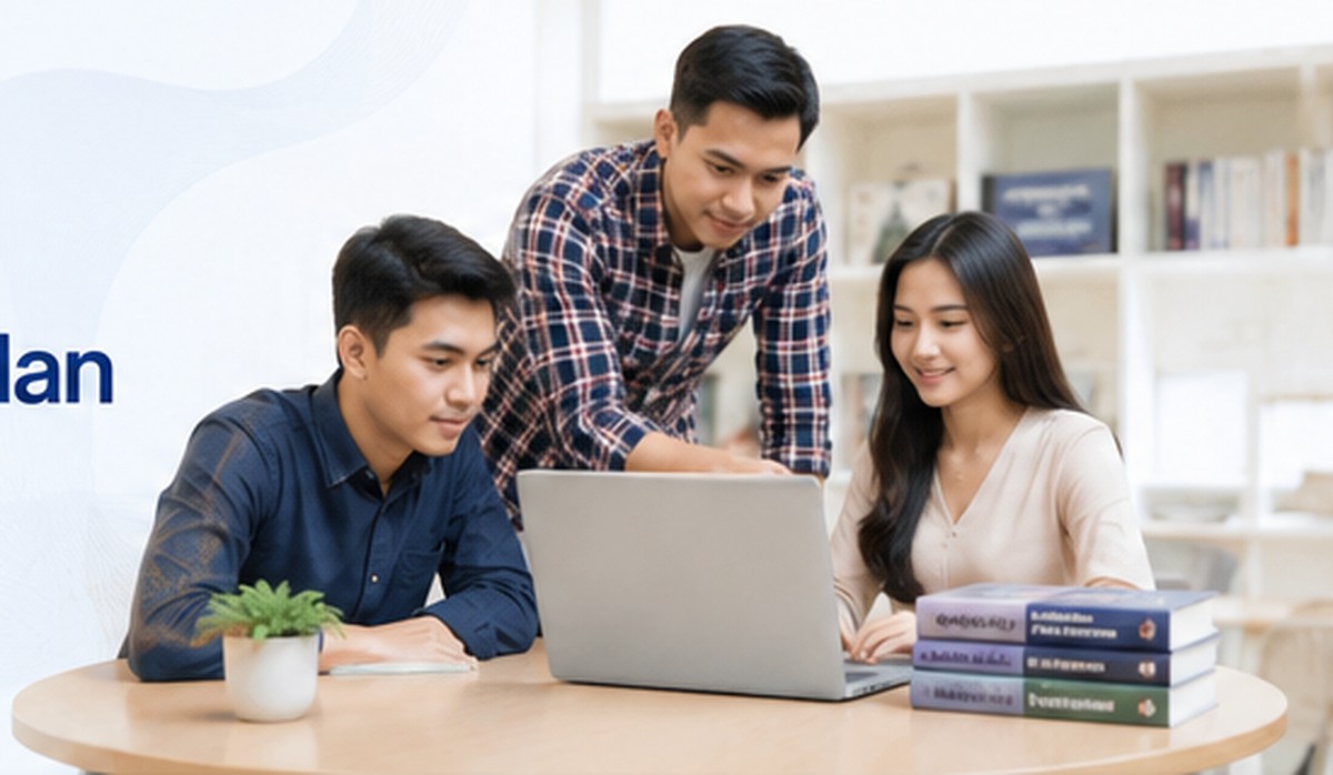 Mahasiswa Indonesia belajar bersama menggunakan laptop