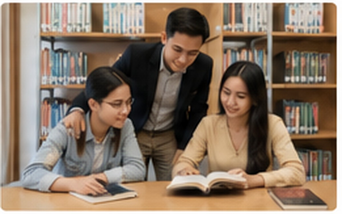 Mahasiswa Indonesia belajar bersama di perpustakaan